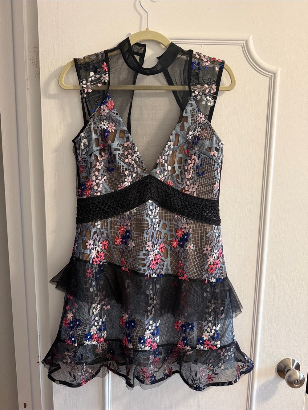 Self-Portrait Black Floral Embroidered Mesh Mini Dress